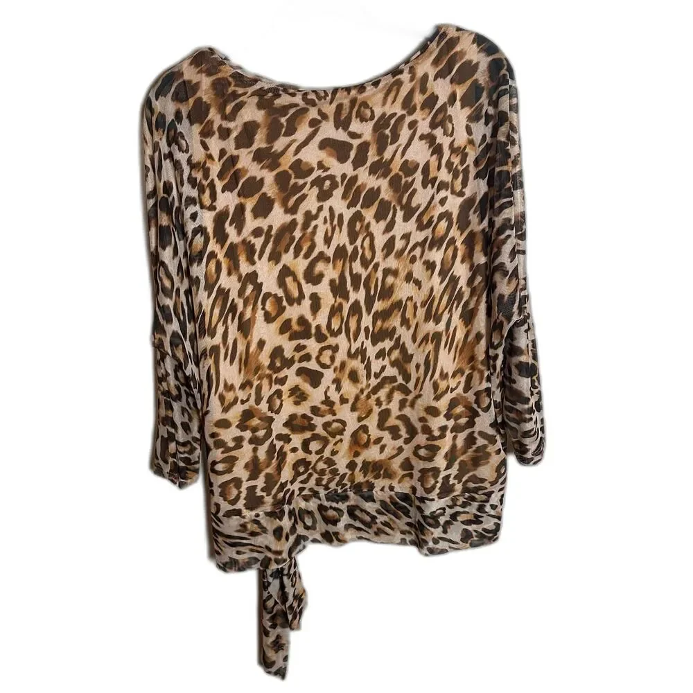 Chico's Leopard Print Mesh Overlay Side Tie Blouse XL Sz 3 3/4 Sleeve Top - Picture 2 of 8